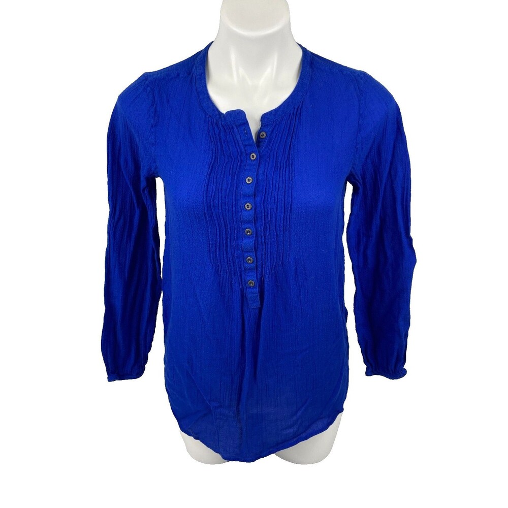 Lucky Brand Women Small Blue Tunic Blouse Button Front Pullover Casual